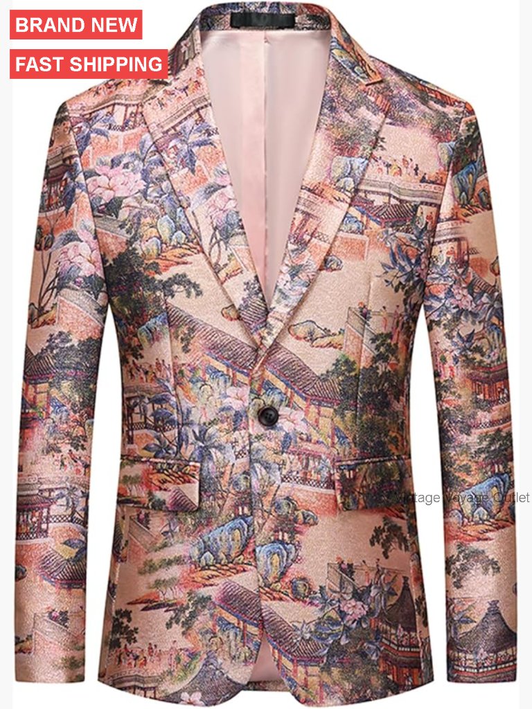 Slim Fit Blazer With Paisley Print, One Button Closure, Polyester Viscose Blend